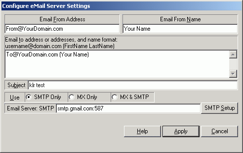 Configure eMail Server Settings and Email Addresses screenshot.