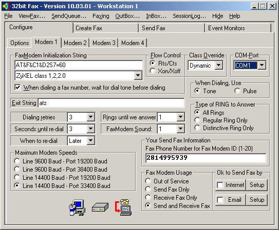 32bit Fax / 64bit Fax: Configure Modem 1 screenshot.