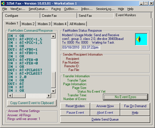 32bit Fax / 64bit Fax: Modem 1 Event Monitor screenshot.