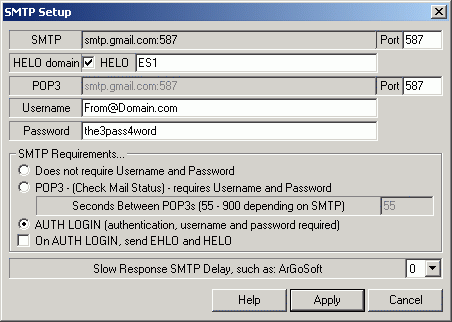 SMTP Setup screenshot.